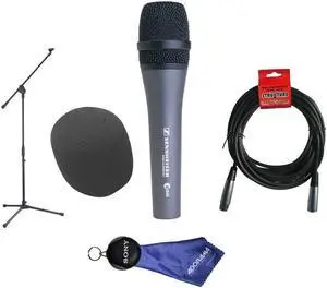Sennheiser e 845 Wired Supercardioid Handheld Dynamic Microphone with Clip - Bundle With 20' HD 7mm Rubber XLR Mic Cable, On-Stage Foam Windscreen, Samson MK10 LW Boom Mic Stand, Fiber Optic Cloth