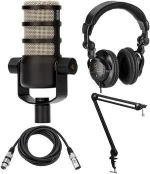 Rode PodMic Dynamic Podcasting Microphone with Broadcast Arm, Headphones, Cable