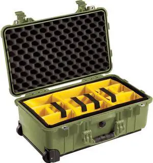Pelican 1510 Waterproof Carry-on-Case w/Yellow/Blk Divider Set & Wheels - Green