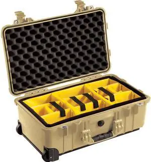 Pelican 1510 Waterproof Carry-on-Case w/Yellow/Black Divider Set & Wheels - Tan