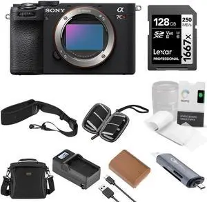 Sony Alpha a7CR Mirrorless Camera Body, Black, Bundle with Shoulder Bag, 128GB SD Card, Card Reader, Extra Battery, Charger, Camera Strap, Tissue Paper