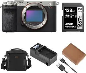 Sony Alpha a7CR Mirrorless Camera Body, Silver, Bundle with Shoulder Bag, 128GB SD Card, Extra Battery, Charger