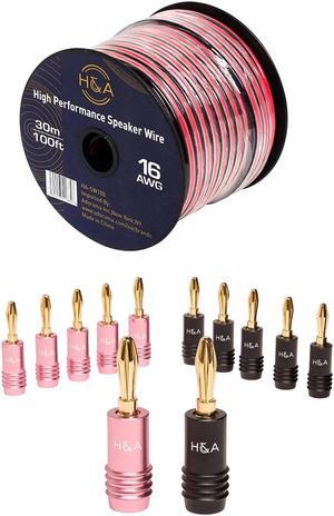 H&A 16 AWG Speaker Wire Cable (100' Spool) + Connector Banana Plugs, 6 Pairs
