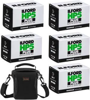 Ilford HP-5 Plus 35mm Black & White Negative Roll Film, 5-Pack with Shoulder Bag
