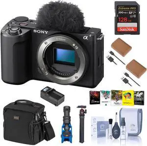 Sony Alpha ZV-E10 II Mirrorless Camera, Black, Bundle with 128GB Memory Card, 2x Battery, Charger Base, Microphone, MT-11 Tripod and PC Software License Key