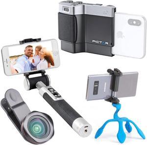 Pictar Smart Grip for Smartphones, Black, with Selfie Stick, Tripod, 18mm Lens