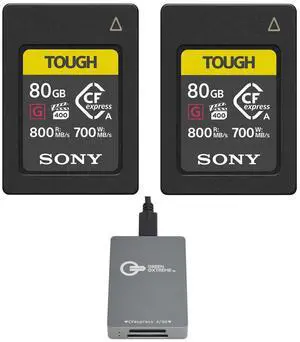 Sony TOUGH 80GB CFexpress Type-A Memory Card, 2-Pack, Bundle with USB-C CFexpress Type-A and SD UHS-II Card Reader