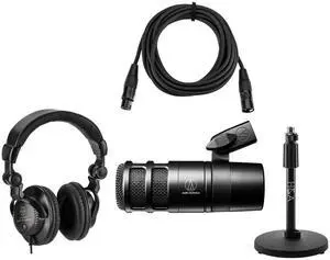 Audio-Technica AT2040 Hypercardioid Front-Address Dynamic Podcast Microphone, Bundle with H&A Tabletop Microphone Stand & Studio Monitor Headphones