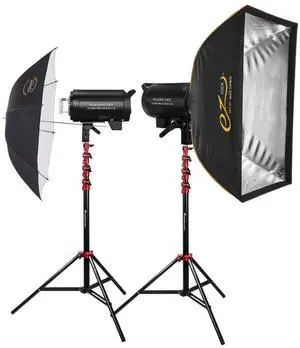 Flashpoint Studio Pro 600 III-V 600W R2 Flash 2-Light Kit with LED Lamp, Bundle with Stands, Softbox and Umbrella