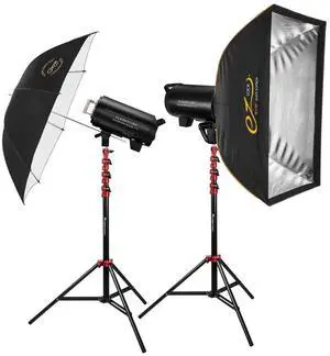 Flashpoint Studio Pro 800 III-V 800W R2 Flash 2-Light Kit with LED Lamp, Bundle with Stands, Softbox and Umbrella