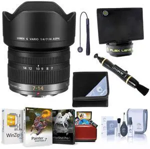 Panasonic LUMIX G Vario 7-14mm f/4 Aspherical Lens for Micro Four Thirds, Bundle with Lens Wrap, Flex Lens Shade, Cleaning Kit, Lens Cap Tether, Lens Cleaner, Mac Software Kit
