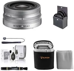 Nikon NIKKOR Z DX 16-50mm f/3.5-6.3 VR Lens, Silver, Bundle with Bower 3-Piece 46mm Filter Kit, Lens Cleaner, Cleaning Kit, Universal Lens Cap Tether