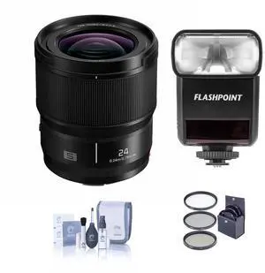 Panasonic LUMIX S 24mm f/1.8 Lens for L Mount, Bundle with Flashpoint Zoom-Mini TTL R2 Flash, 67mm Filter Kit, Cleaning Kit