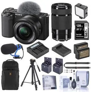 Sony ZV-E10 Mirrorless Camera, Black with 16-50mm & 55-210mm Lens w/Complete Kit