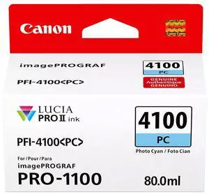 Canon PFI-4100 80ml Pigment Ink Tank for imagePROGRAF PRO-1100, Photo Cyan