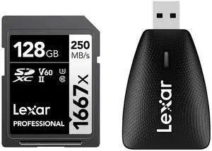 Lexar SILVER Series Professional 1667x 128GB UHS-II SDXC Memory Card, Bundle with Multi-Card 2-In-1 USB 3.1 Reader