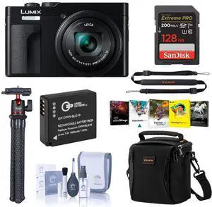 Panasonic Panasonic LUMIX ZS99 Black Compact Point and Shoot Digital Camera (DC-ZS99K) Bundle with - 128GB SD Card, Shoulder Bag, Sling Strap, Extra Battery, Tripod, Photo Video Software, Care Kit