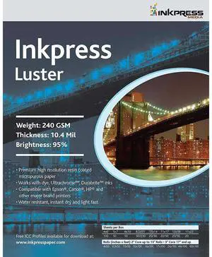 Inkpress Luster Premium Single Sided Bright Resin Coated Photograde Inkjet Paper, 10.4mil., 240gsm., 12x12", 50 Sheets