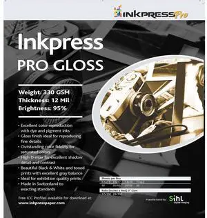 Inkpress Glossy InkJet Printer Paper, 330 gsm, 12 mil, 44"x100', Roll