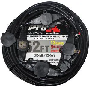 ProX XC-MEP12-529 52' 110V Male to 9 Socket 110V Female Power Cord 9 Outlet 12/3 Extension Cord, Black