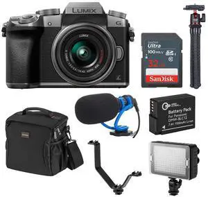 Panasonic LUMIX DMC-G7 Mirrorless Camera with LUMIX G Vario 14-42mm Lens, Silver, Bundle with Tripod, Microphone, Triple Shoe V-Bracket, On Camera LED Light, 32GB UHS-I Memory Card, Extra Battery, Bag