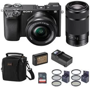 Sony Sony Alpha A6100 Mirrorless Digital Camera, with 16-50mm and 55-210mm Lens (Black) Basic Bundle with Filter Kit, Battery, Charger, Bag, 32GB SD Card