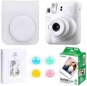 Fujifilm Fujifilm Instax Mini 12 Instant Film Camera, Clay White Bundle with Instax Mini Custom Case, Accessory Kit and Daylight Film, Twin Pack (20 Exposures) ISO 800