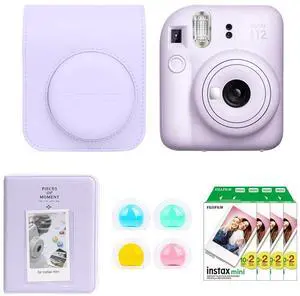 Fujifilm Fujifilm Instax Mini 12 Instant Film Camera, Lilac Purple Bundle with Instax Mini Custom Case, Accessory Kit and Daylight Film, 4x Twin Pack (80 Exposures) ISO 800