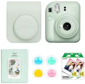 Fujifilm Fujifilm Instax Mini 12 Instant Film Camera, Mint Green Bundle with Instax Mini Custom Case, Accessory Kit and Daylight Film, 2x Twin Pack (40 Exposures) ISO 800