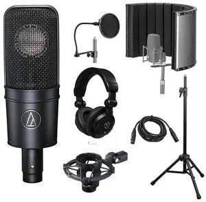Audio-Technica AT4040 Side-Address Cardioid Condenser Microphone with Reflection Filter, Tripod Stand, Pop Filter, Studio Monitor Headphones, 10' XLR Cable, Vocal Recording Setup Kit (6 Items)