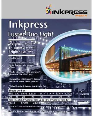 Inkpress Luster Duo, Double Sided Inkjet Paper, 99% Bright, 280 gsm, 9.5 mil., 8.5x11", 20 Sheets