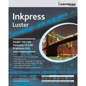 Inkpress Luster Premium Single Sided Bright Resin Coated Photograde Inkjet Paper, 10.4mil., 240gsm., 11x14", 50 Sheets