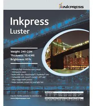 Inkpress Luster Premium Single Sided Bright Resin Coated Photograde Inkjet Paper, 10.4mil., 240gsm., 4x6", 1000 Sheets