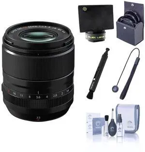 Fujifilm XF 33mm f/1.4 R LM WR Lens, Black, Bundle with 58mm Essentials Filter Kit, Lens Shade, Cleaning Kit, Lens Cap Tether