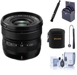 Fujifilm XF 8mm f/3.5 R WR Lens, Black, Bundle with 62mm Filter Kit, Soft Lens Case, Cleaning Kit, Lens Pen Cleaner and Lens Cap Tether