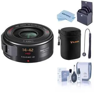 Panasonic LUMIX G X Vario PZ 14-42mm f/3.5-5.6 Aspherical Lens for Micro Four Thirds, Black, Bundle with 37mm Filter Kit, Lens Case, Cleaning Kit, Lens Cap Tether and Cleaning Cloth