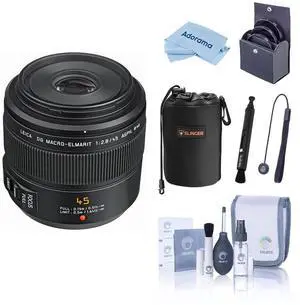 Panasonic LUMIX G Leica DG Macro-Elmarit 45mm f/2.8 Aspherical Lens for Micro Four Thirds, Bundle with Lens Pouch, 46mm Filter Kit, Cleaning Kit, Lens Pen Cleaner and Microfiber Cleaning Cloth