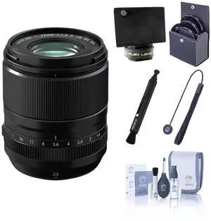 Fujifilm XF 23mm f/1.4 R LM WR Lens, Black, Bundle with 58mm Essentials Filter Kit, Lens Shade, Cleaning Kit, Lens Cap Tether