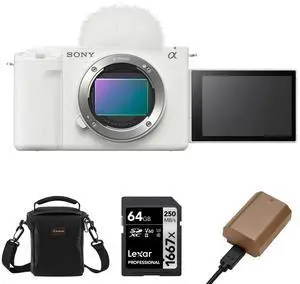 Sony Sony ZV-E1 Full-Frame Interchangeable Lens Mirrorless Vlog Camera, White - Bundle with Alpine 120 Shoulder Bag, 64GB UHS-II SDXC Memory Card, Extra Battery