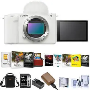 Sony Sony ZV-E1 Full Frame Mirrorless Vlog Camera, White - Bundle with Shoulder Bag, 64GB SD Card, Extra Battery, Charger, Cleaning Kit, Corel Mac Software Kit, Corel PC Software Kit, Screen Protector