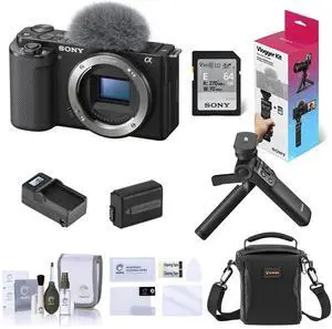 Sony Sony ZV-E10 Mirrorless Interchangeable Lens Vlog Camera, Black - Bundle with Vlogger Accessory Kit, Shoulder Bag, Screen Protector, Extra Battery, Charger, Cleaning Kit
