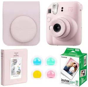 Fujifilm Fujifilm Instax Mini 12 Instant Film Camera, Blossom Pink Bundle with Instax Mini Custom Case, Accessory Kit and Daylight Film, Twin Pack (20 Exposures) ISO 800