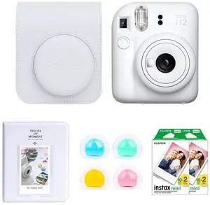 Fujifilm Fujifilm Instax Mini 12 Instant Film Camera, Clay White Bundle with Instax Mini Custom Case, Accessory Kit and Daylight Film, 2x Twin Pack (40 Exposures) ISO 800