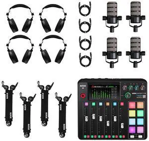Rode RODECaster Pro II Integrated Audio Production Studio Console, Bundle with 4x PodMic Microphone, 4x NTH-100 Headphones, 4x PSA1+ Boom Arm and 4x Cable