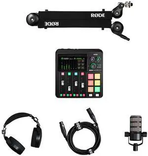 Rode RODECaster Duo Integrated Audio Production Studio, Bundle with PodMic Microphone, NTH-100 Headphones, PSA1+ Boom Arm and Cable