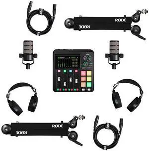 Rode RODECaster Duo Integrated Audio Production Studio, Bundle with 2x PodMic Microphone, 2x NTH-100 Headphones, 2x PSA1+ Boom Arm and 2x Cable