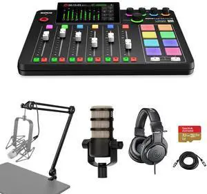 Rode RODECaster Pro II Integrated Audio Production Studio Console Bundle with PodMic Microphone, TAPH500 Headphones, Broadcast Arm, M to F XLR Cable, 32BG microSD Card