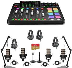 Rode RODECaster Pro II Integrated Audio Production Studio Console Bundle with 4x PodMic Microphone, 4x TAPH500 Headphones, 2x Broadcast Arm, 2x Mic Stand, 4x M to F XLR Cable, 32GB microSD Card