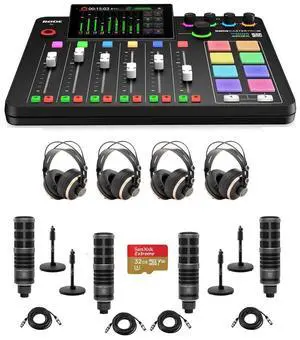 Rode RODECaster Pro II Integrated Audio Production Studio Console Bundle with 4x TAP300 Mic, 4x TAPH700 Headphones, 4x Mic Stand, 4x M to F XLR Cable, 32GB microSD Card