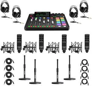 Rode RODECaster Pro II Production Studio Console, Bundle with 4x Turnstile Audio TAP500 Broadcast Microphones and 4x On-Stage DS7200B Mic Stand